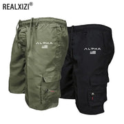 Set of 2 men's ALPHA cargo shorts in olive green and black with large side pockets.