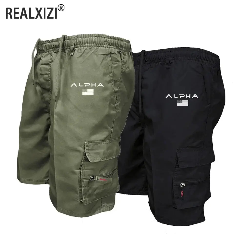 Set of 2 men's ALPHA cargo shorts in olive green and black with large side pockets.