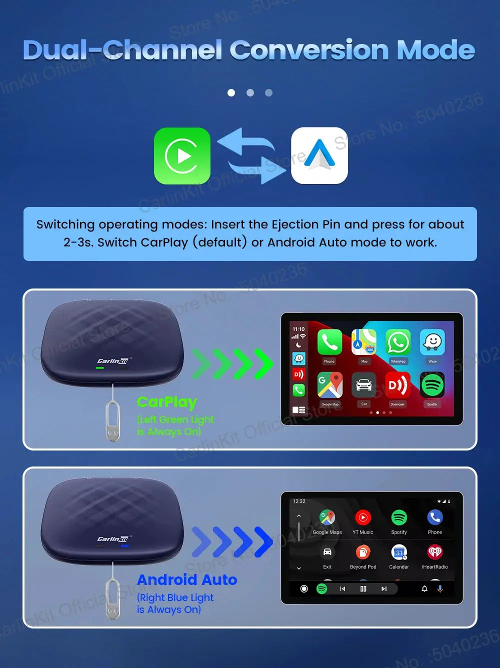 Simples Market CarlinKit Android Auto Wireless CarPlay AI TV Box QCM6125, Android 13, 8-core, 64G/128G, blue device