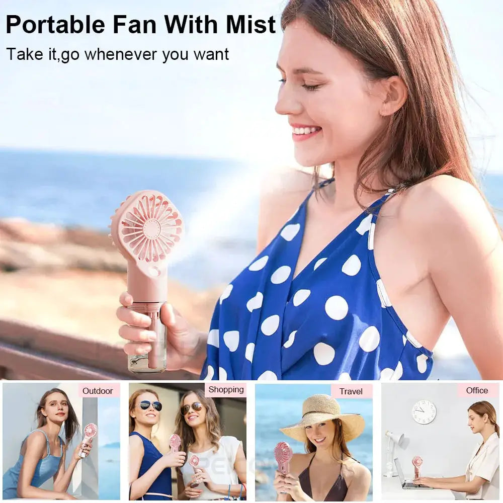 Portable handheld spray fan with mist, pink USB-rechargeable mini humidifier fan, 4 speeds, Simples Market