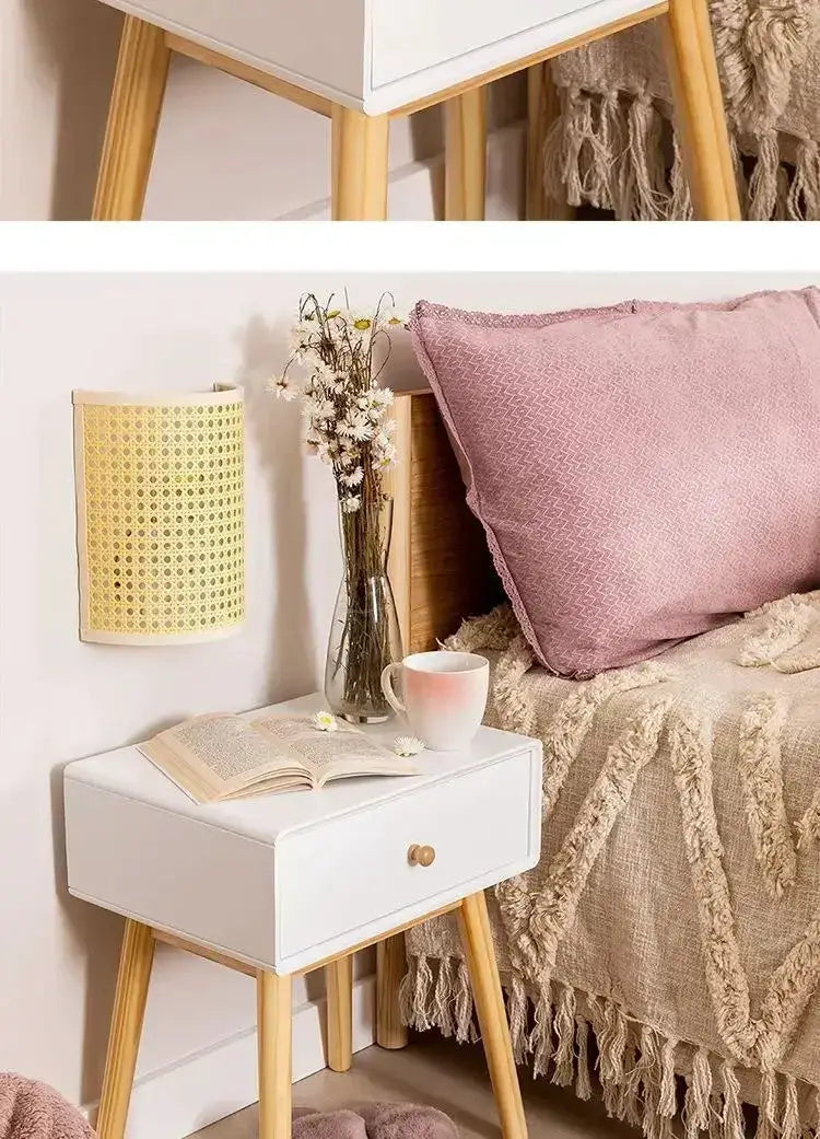 Rattan wall lamp with circular lattice shade; natural beige finish, bedside decor