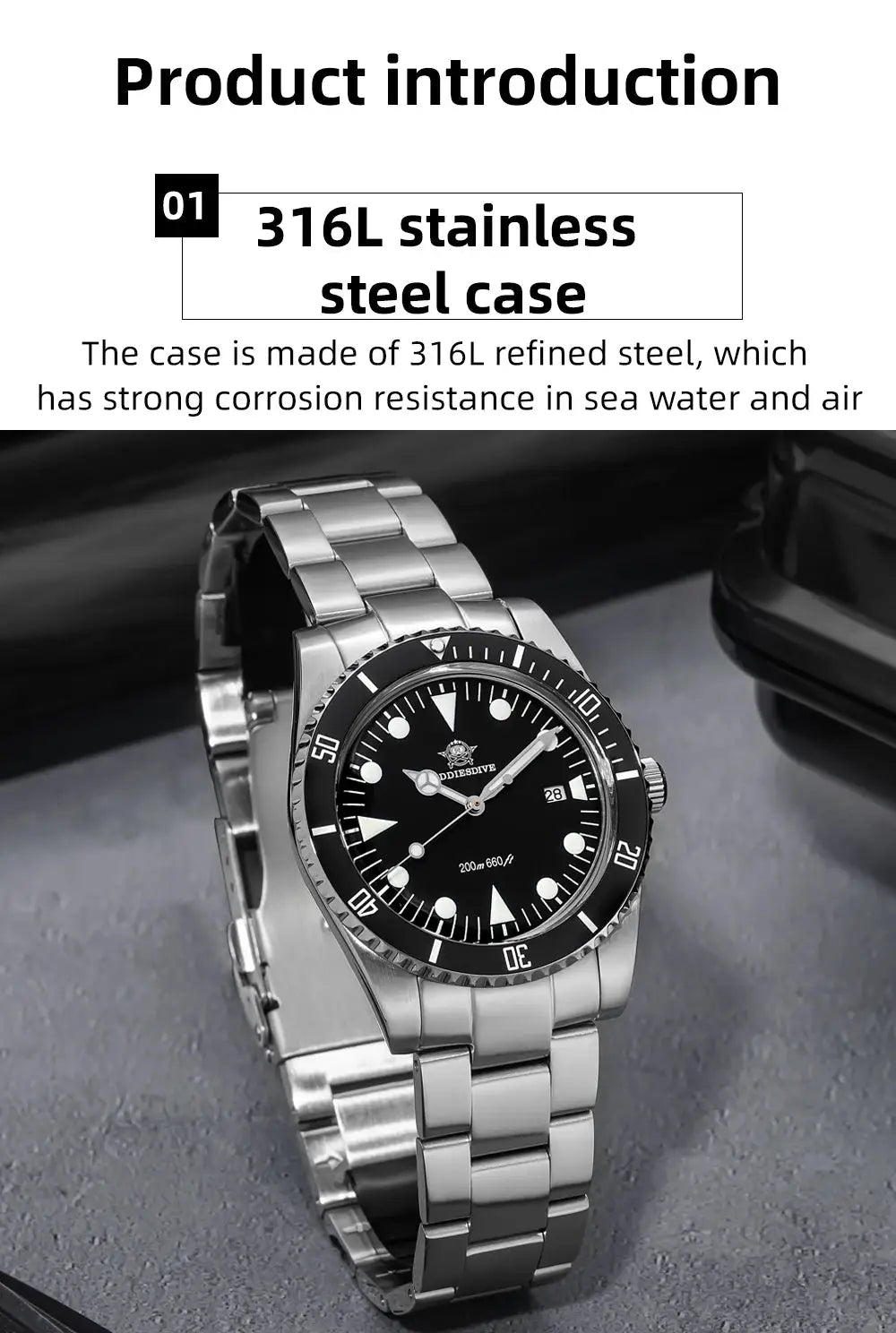 ADDIESDIVE luxury men's analog dive watch with stainless steel case and bracelet, black dial, 200m water resistance