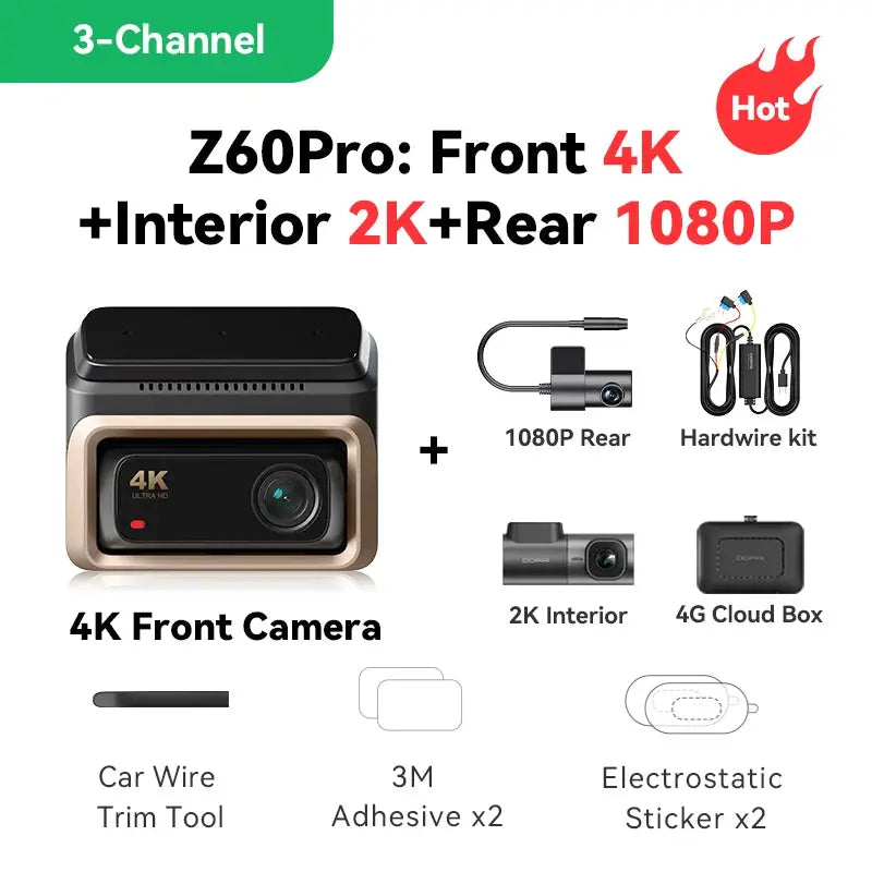 DDPAI Z60 Pro 4K Front Dash Cam with 1080P rear, 2K interior, hardware kit
