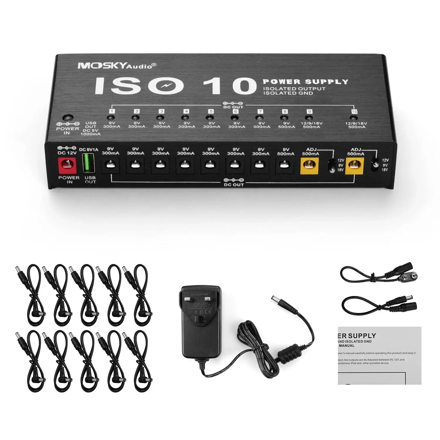 MOSKY ISO-10 Guitar Pedal Power Supply With 10 Isolated DC Outputs And 5V USB For 9V 12V And 18V Pedals