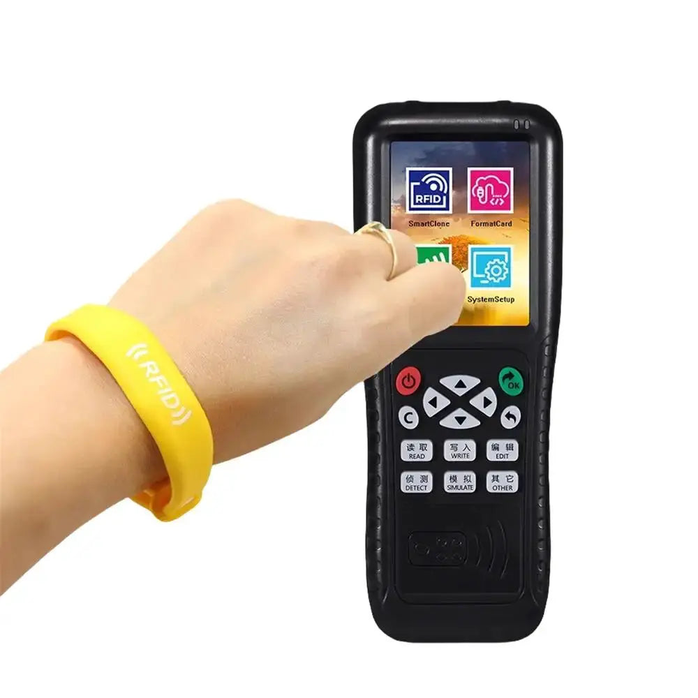 Handheld RFID NFC card copier device with yellow RFID wristband