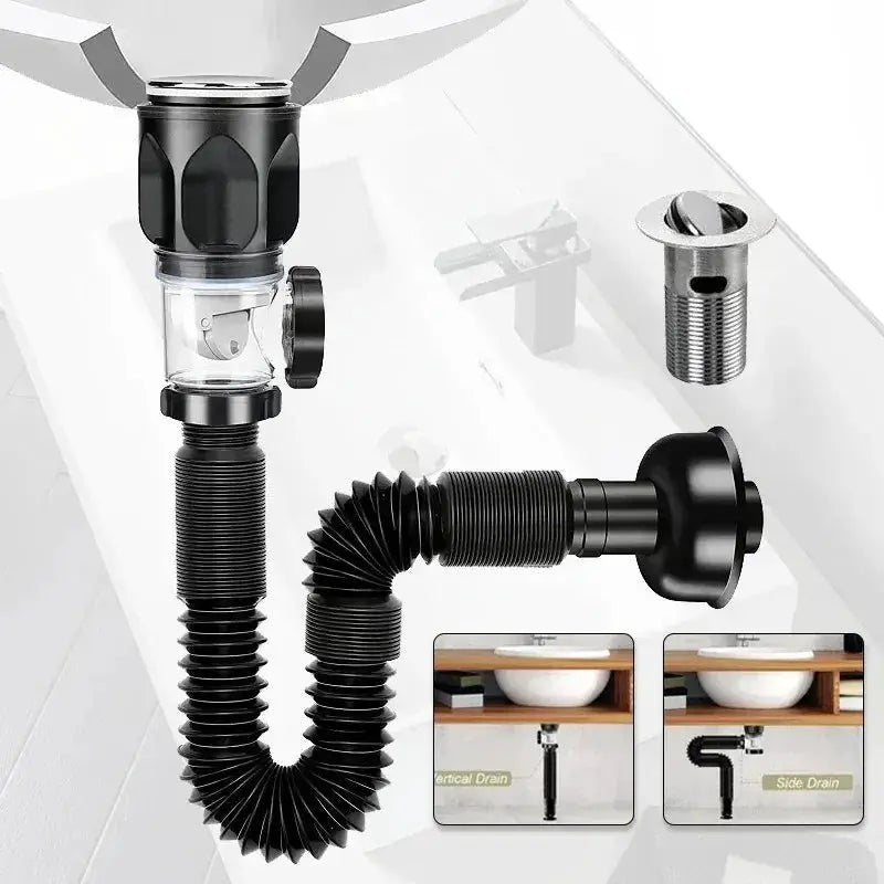 Simples Market universal flip washbasin drainage pipe; black flexible corrugated hose with metal fittings