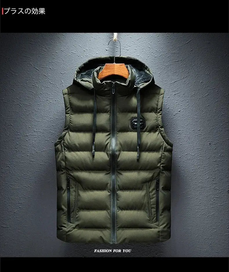 Simples Market men's olive green cotton-padded sleeveless hooded vest with front zipper and pockets