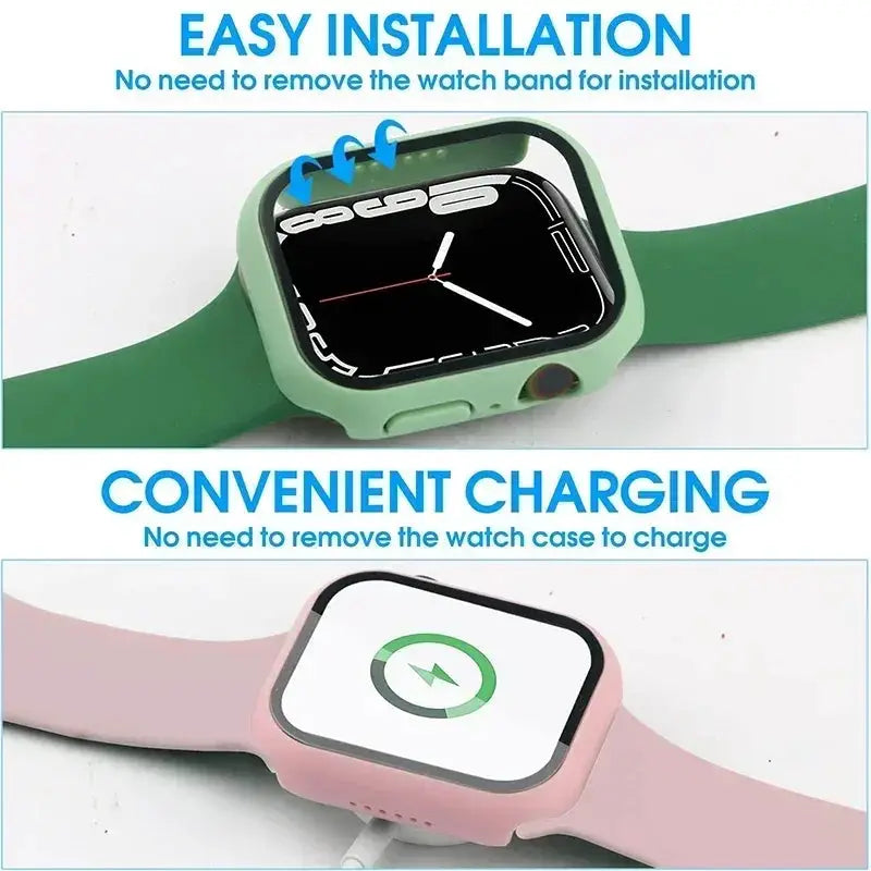 Simples Market Apple Watch tempered glass+case; green protective case on watch and pink variant shown (2 watches)