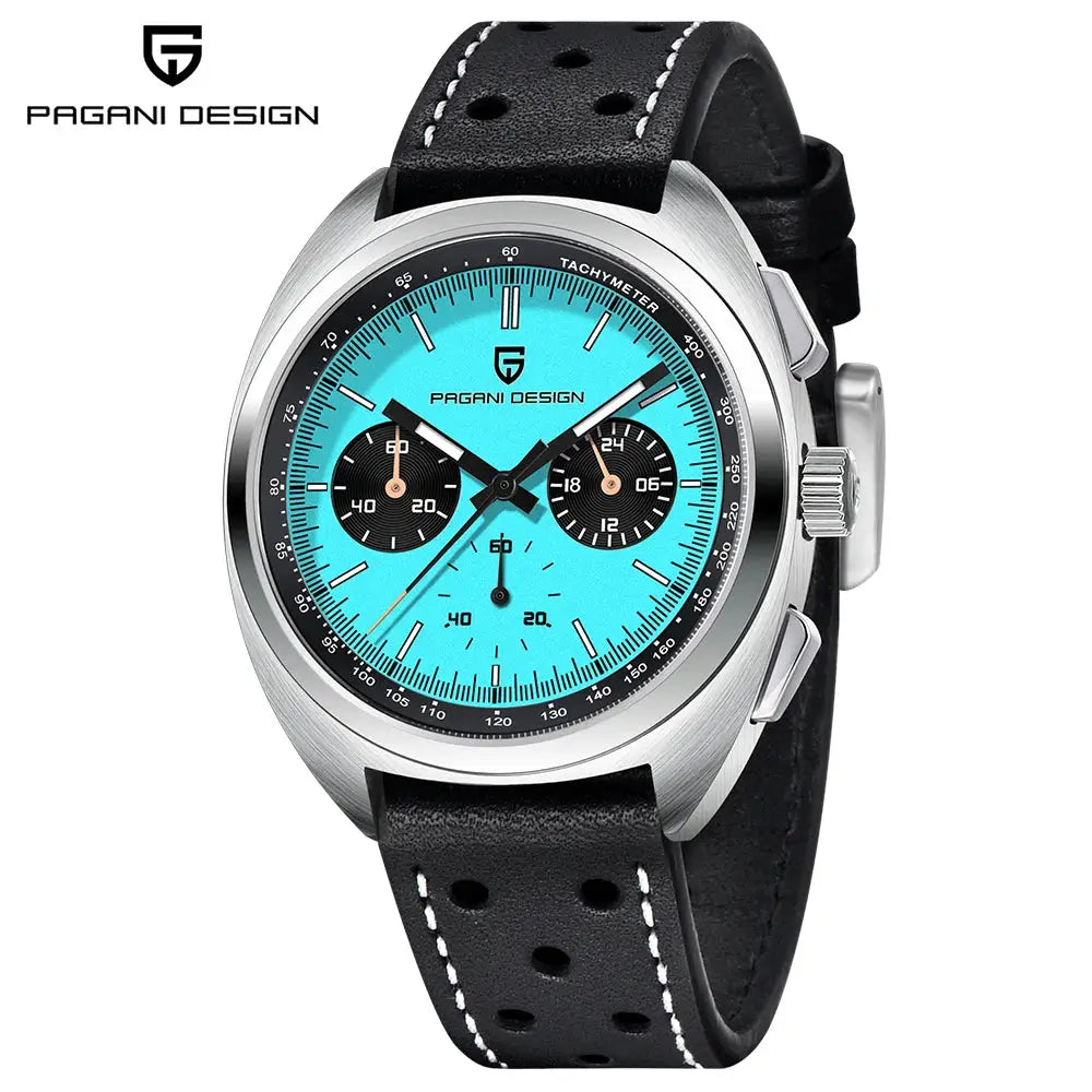 Pagani Design men's quartz chronograph watch with turquoise dial, black subdials, perforated leather strap