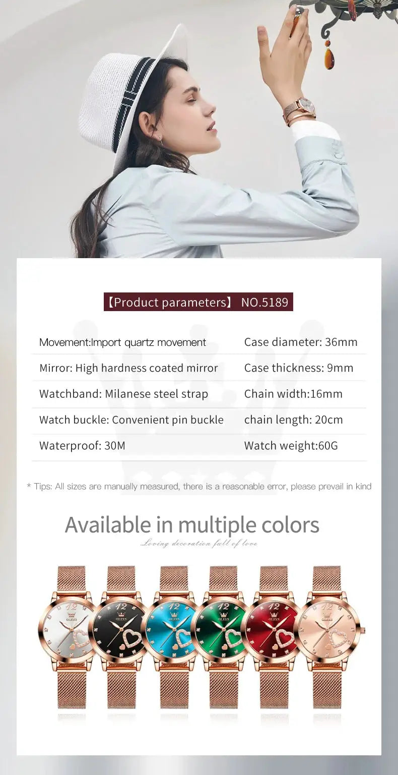 OLEVS 5189 women's quartz watch with rose-gold mesh strap and heart dial, available in 7 color options