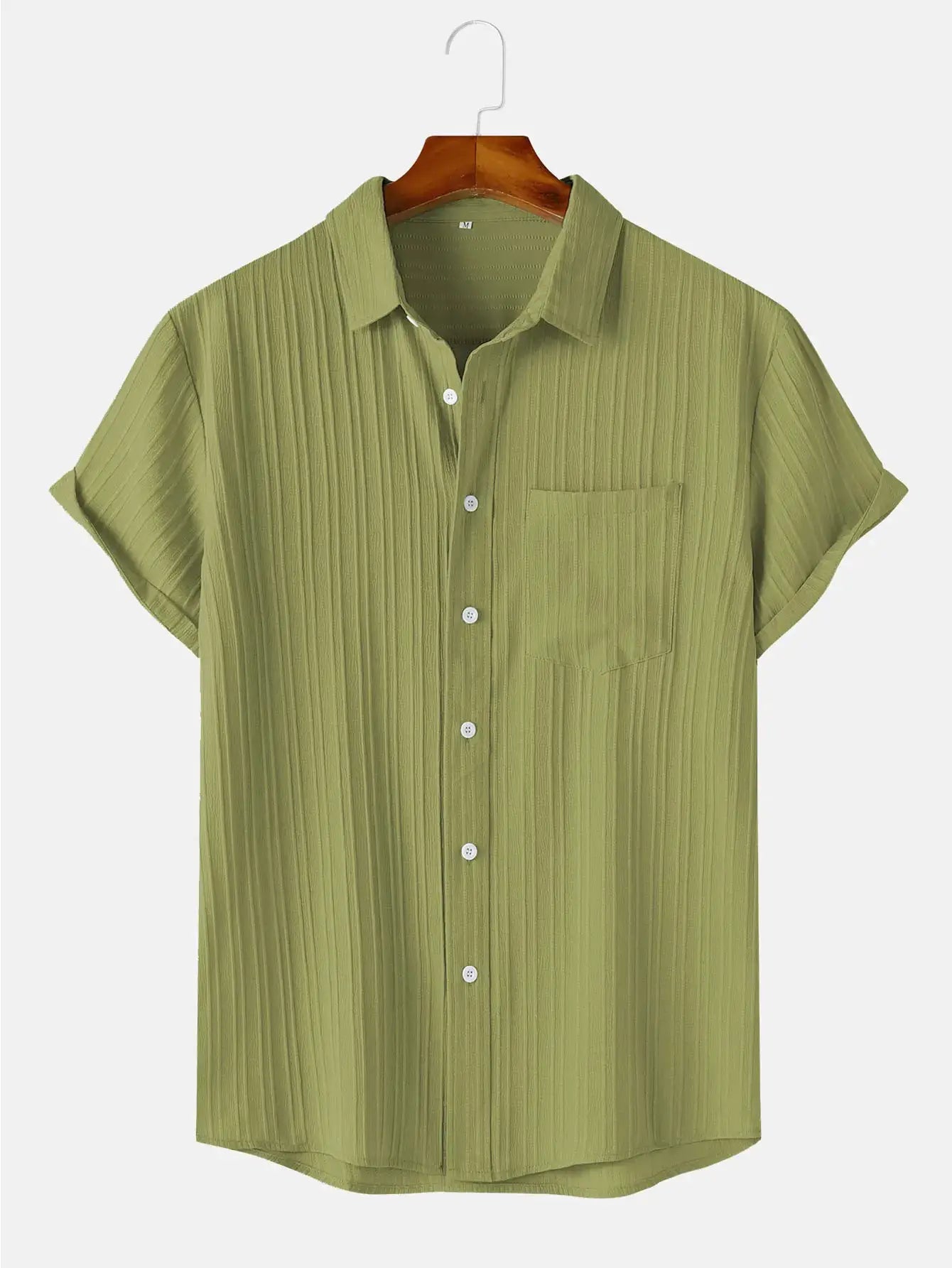 Men's olive green short-sleeve shirt by Simples Market, textured vertical stripes, button-front, chest pocket.