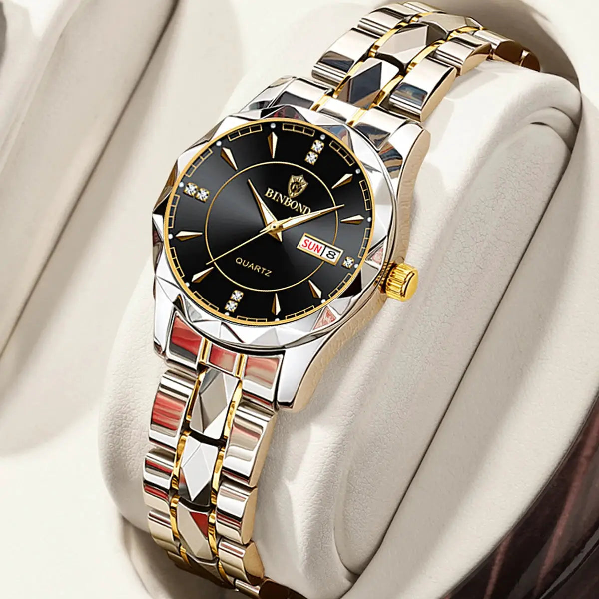 BINBONG women's quartz watch with two-tone stainless steel bracelet, black dial, gold-tone markers, date window