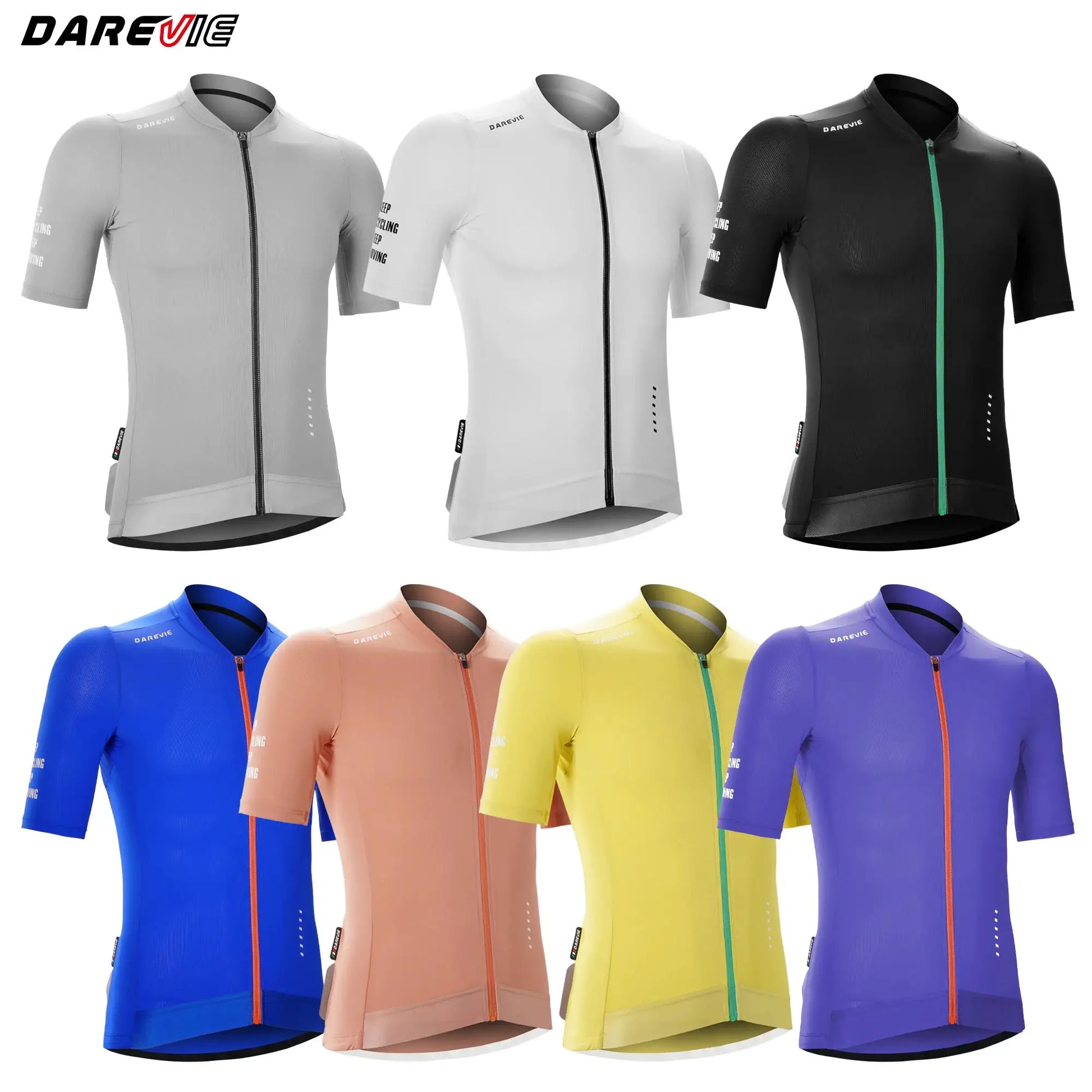 DAREVIE cycling jersey display in multiple colors (blue, peach, yellow, purple); breathable quick-dry men’s maillot by Simples Market