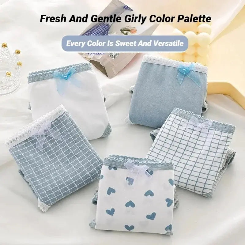 5-piece women's soft briefs set in pastel blue and white with heart and plaid prints and lace trim