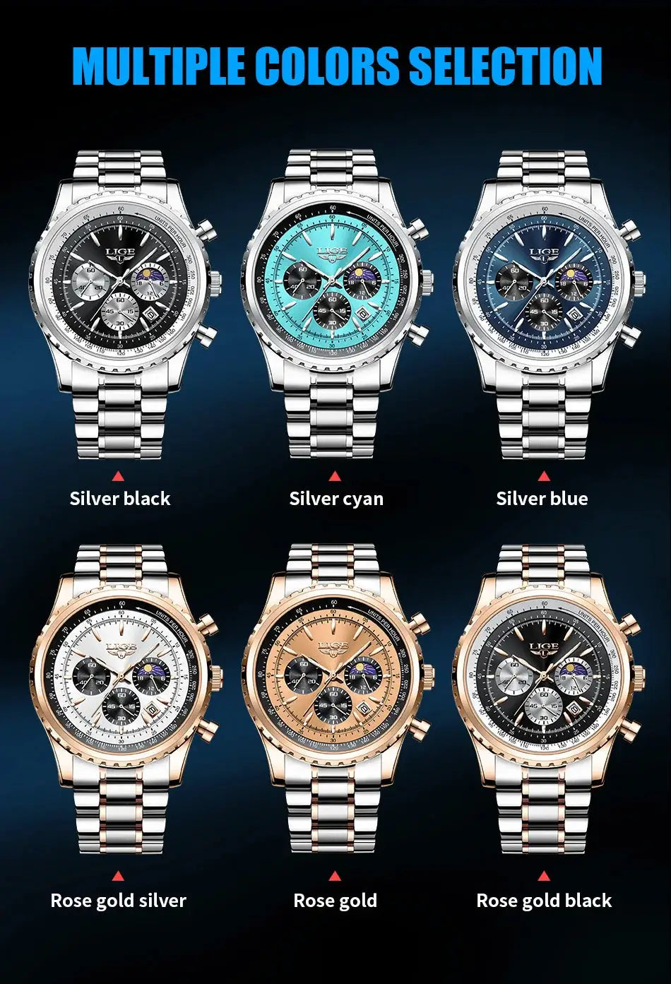 LIGE men's chronograph watches on stainless steel bracelets in nine color finishes by Simples Market