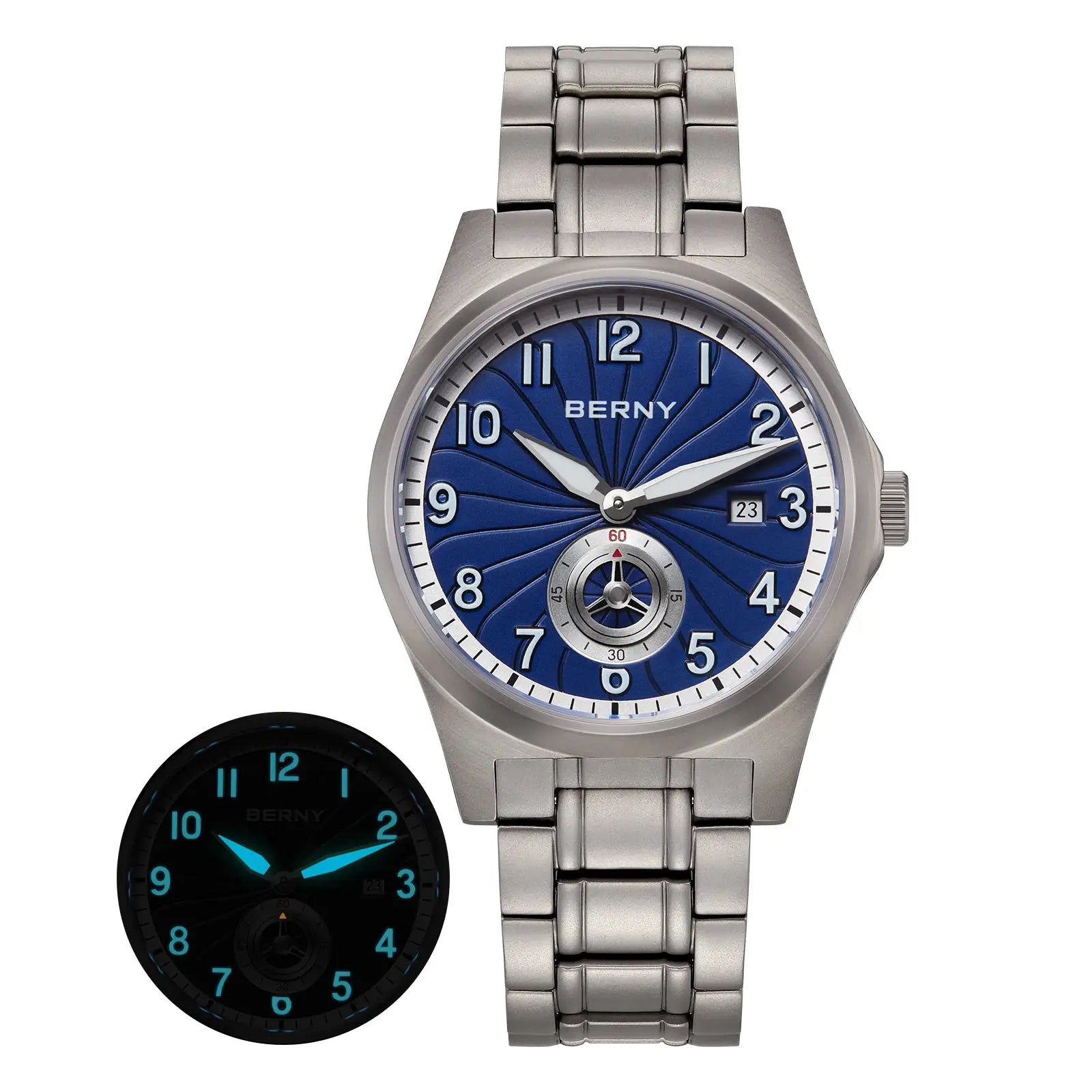 BERNY titanium automatic men's watch with blue dial and steel bracelet; date window at 3; two watches shown