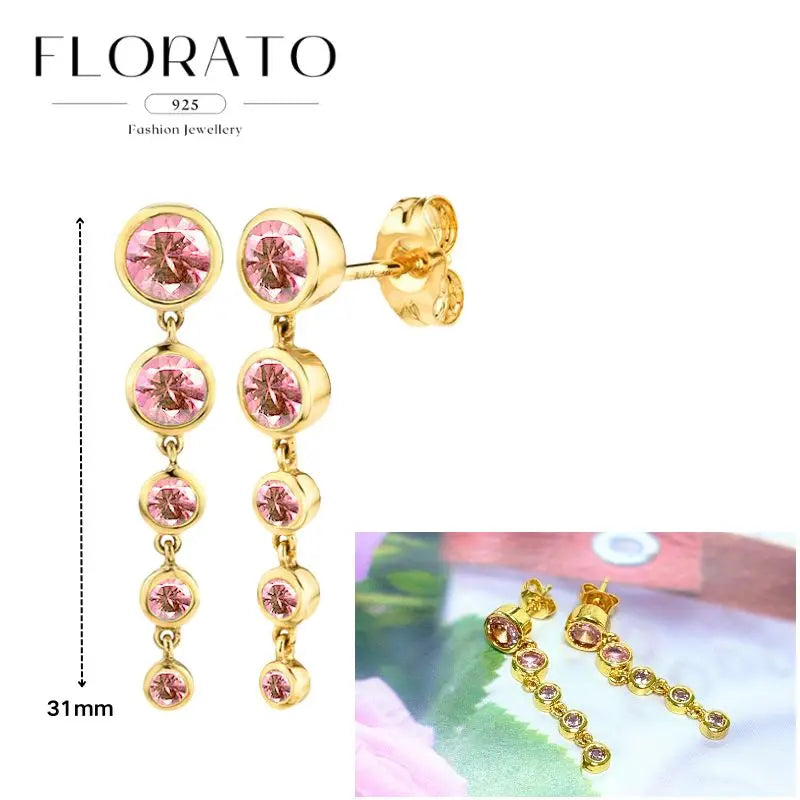 Geometric pink zircon pendant hoop earrings, gold-tone 925, 31mm length, Florato pair