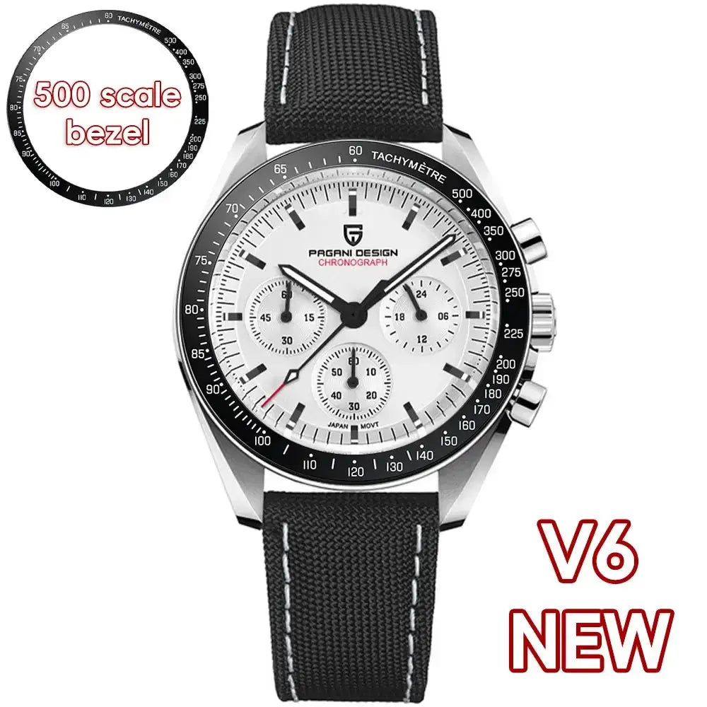 PAGANI DESIGN men's chronograph watch with white dial, black tachymeter bezel, fabric strap, 100m water resistant