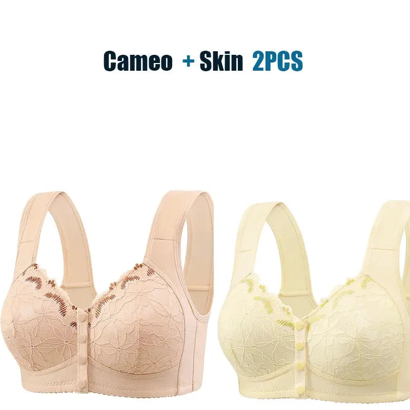 Two-pack lace front-closure soft-cotton bras in nude and pale yellow, no underwire, wide straps