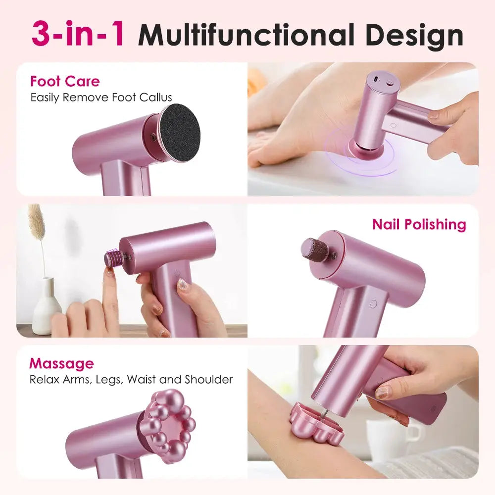 Pink electric foot callus remover with 3-in-1 attachments for foot care, nail polishing, and massage.