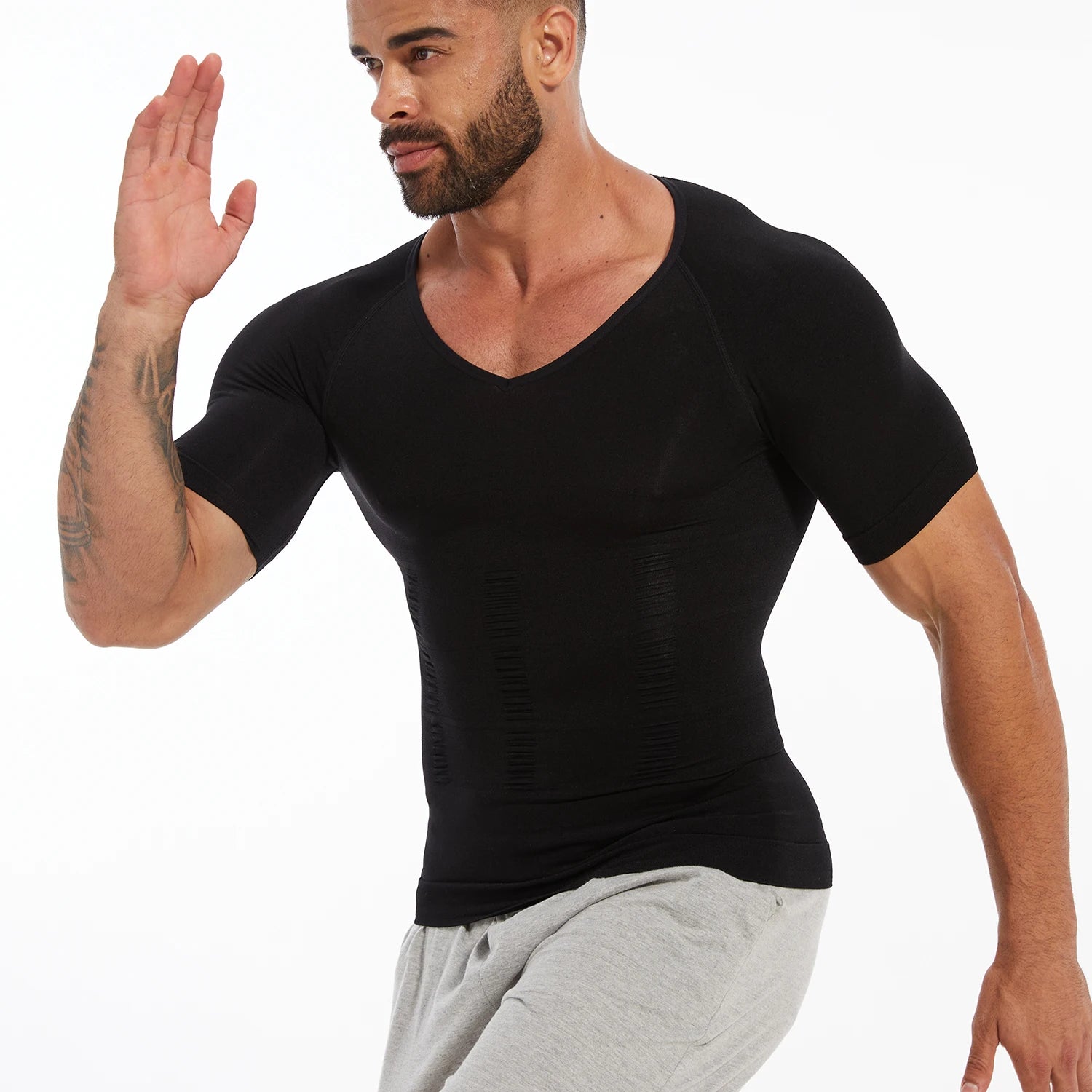Men's black short-sleeve compression T-shirt with V-neck for tummy control