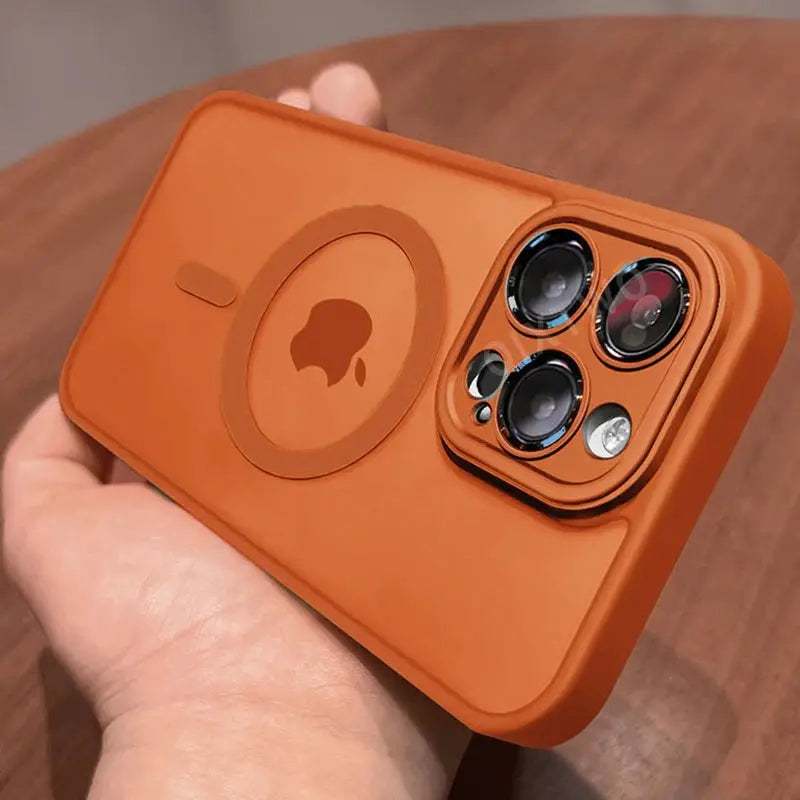 Luxury Matte MagSafe iPhone case in orange with camera protection and shockproof bumper