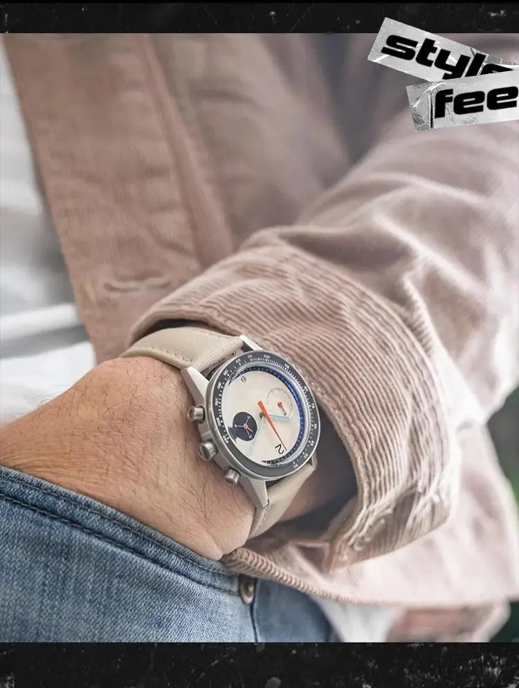 Men's quartz wristwatch with beige leather strap and cream dial, dark bezel