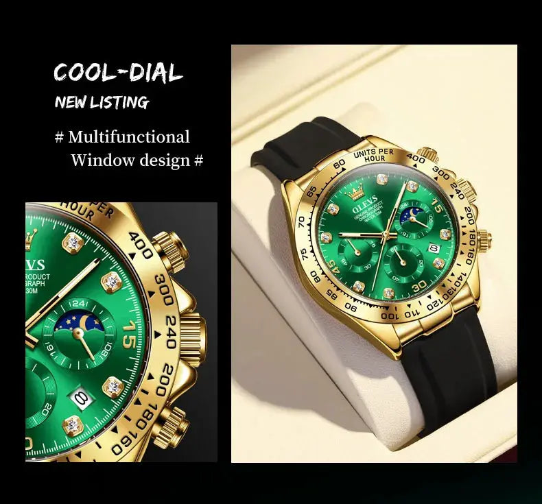 OLEVS men's luxury quartz watch with green dial, gold-tone bezel and silicone strap