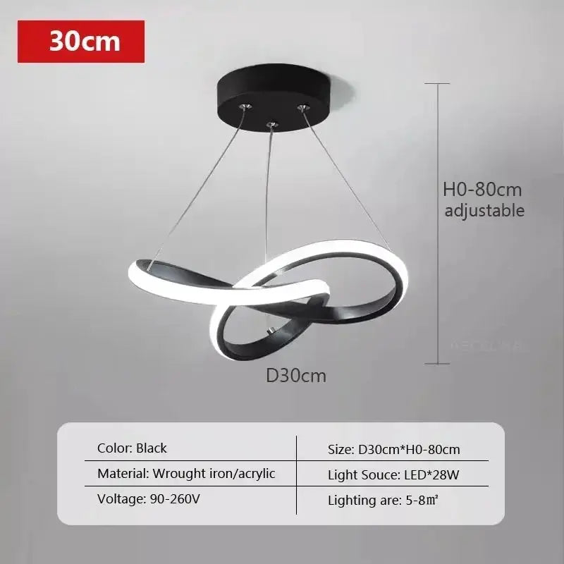 Nordic LED ceiling pendant lamp by Simples Market; black and white intertwined rings, 30cm diameter, adjustable up to 80cm.