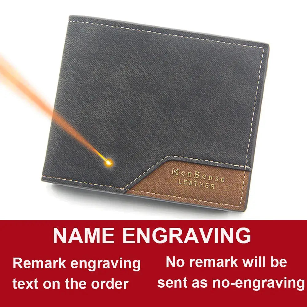 Men's frosted leather slim wallet with brown accent patch and white stitching