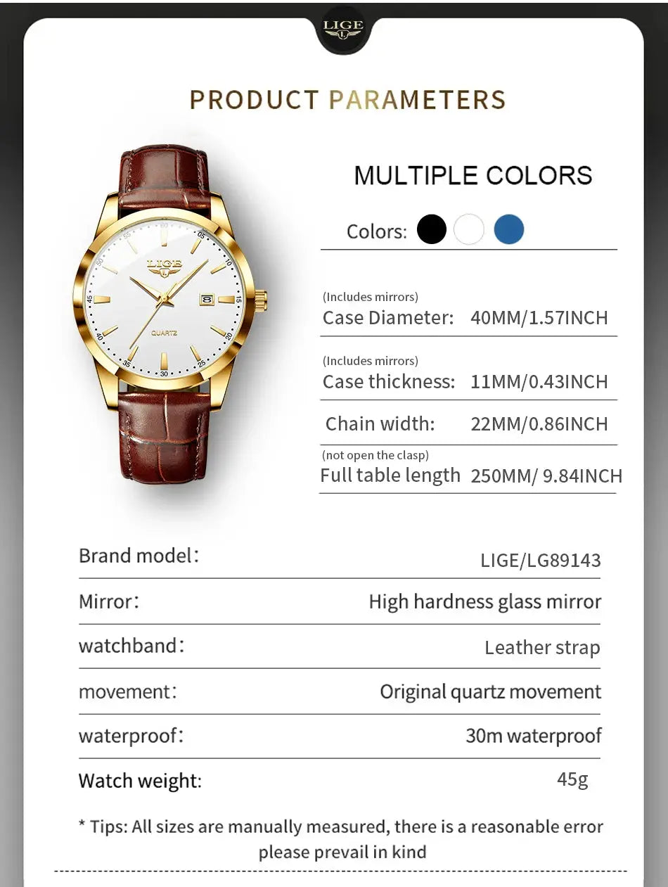 LIGE men's brown leather watch with gold-tone case and white dial