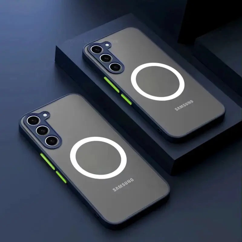 Samsung Galaxy S26/S25 Ultra Plus Armor matte magnetic case with frosted finish and wireless charging, two cases shown