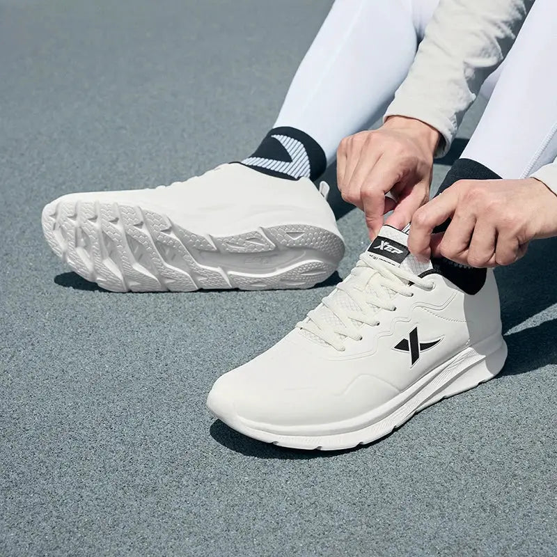 Xtep men's white leather waterproof running shoes with cushioned sole
