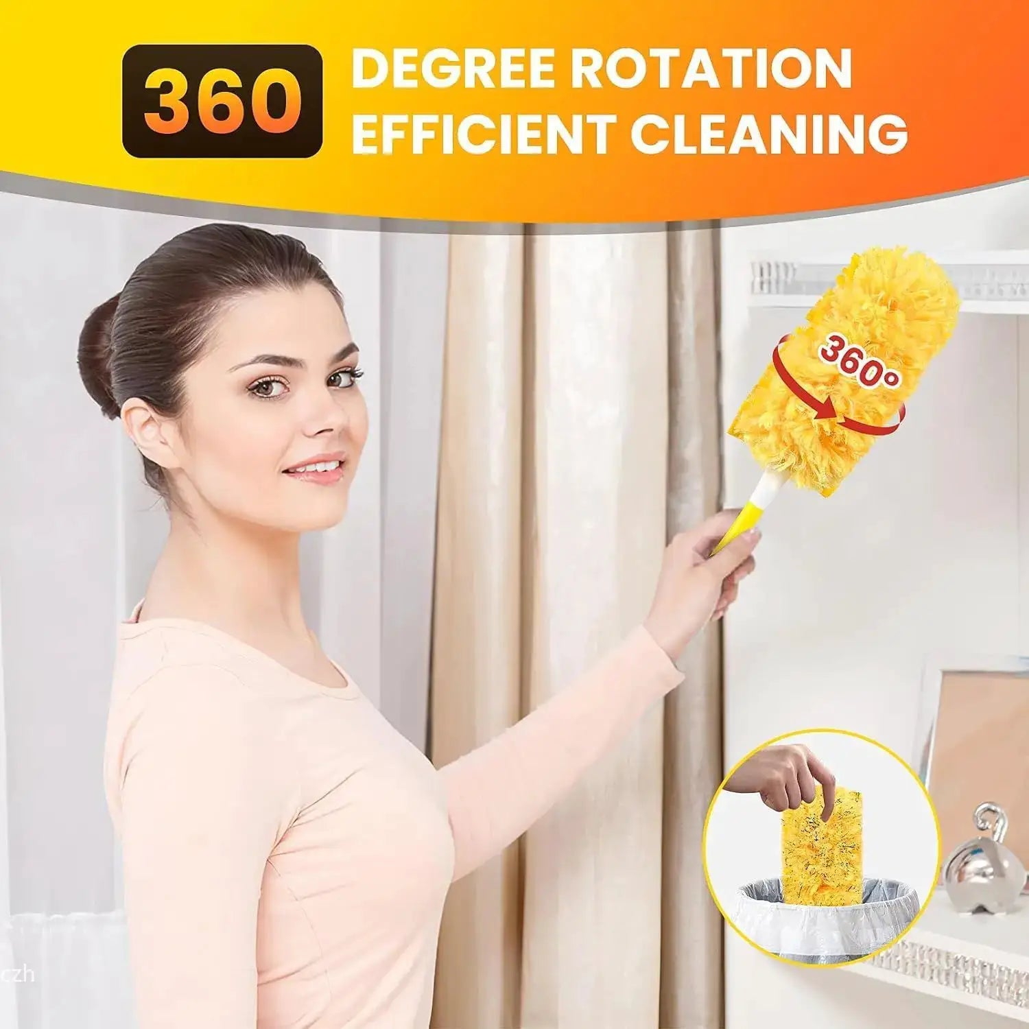 Single-sided 360° electrostatic feather duster in yellow for cleaning dust and spider webs.