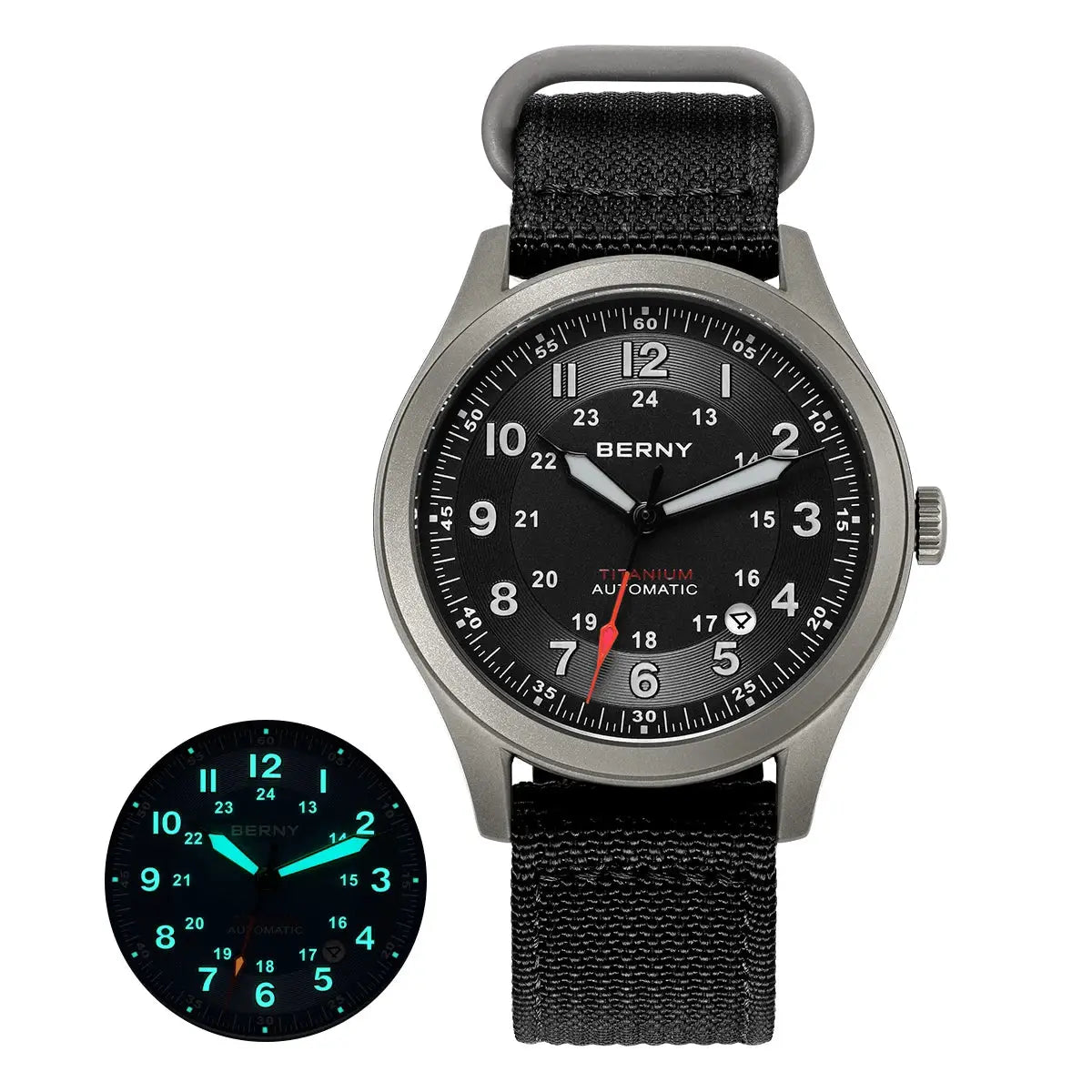 BERNY automatic full titanium men's watch with black dial, sapphire crystal, 10ATM, luminescent hands and fabric strap.