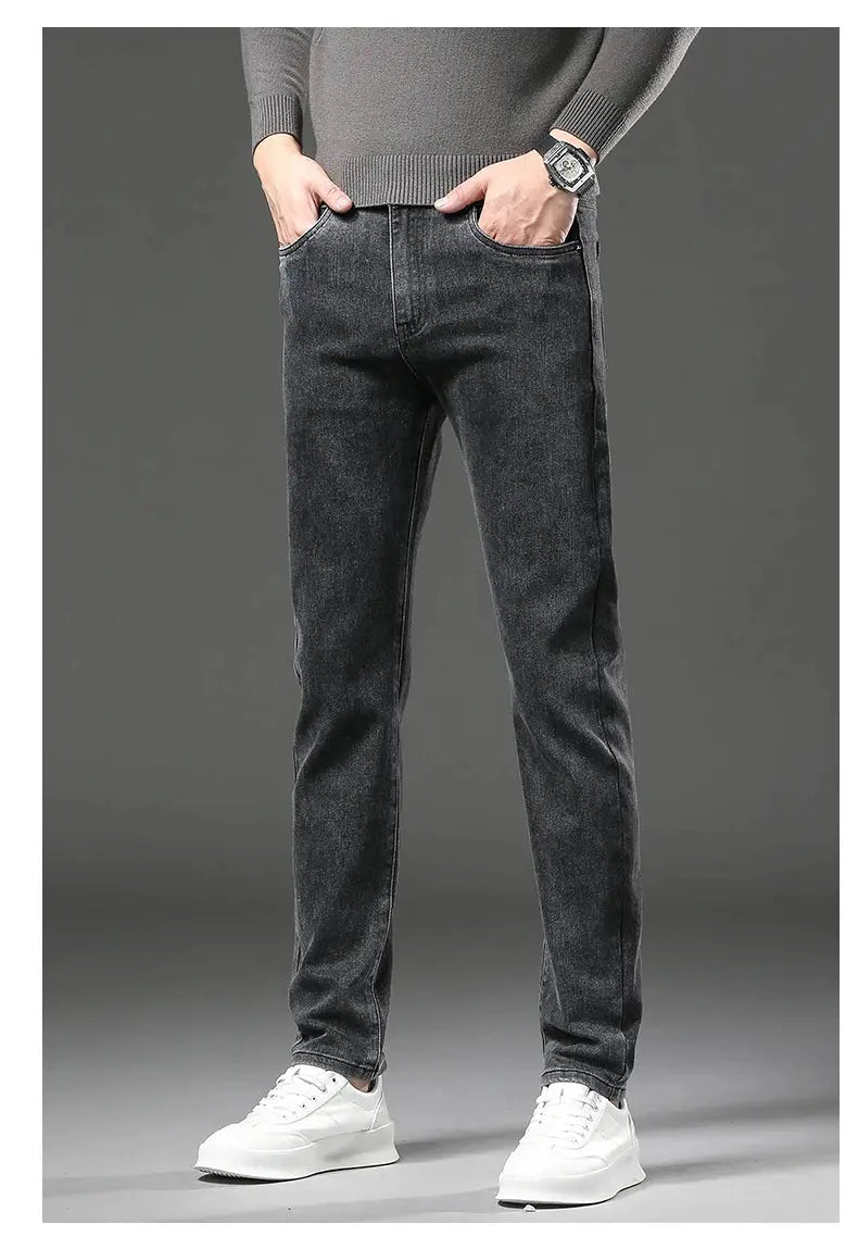 Men's winter fleece jeans, slim straight dark gray denim.