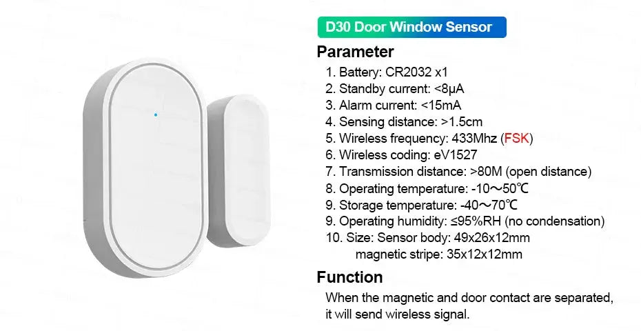 D30 white door/window sensor pair with magnetic contacts beside a product spec sheet