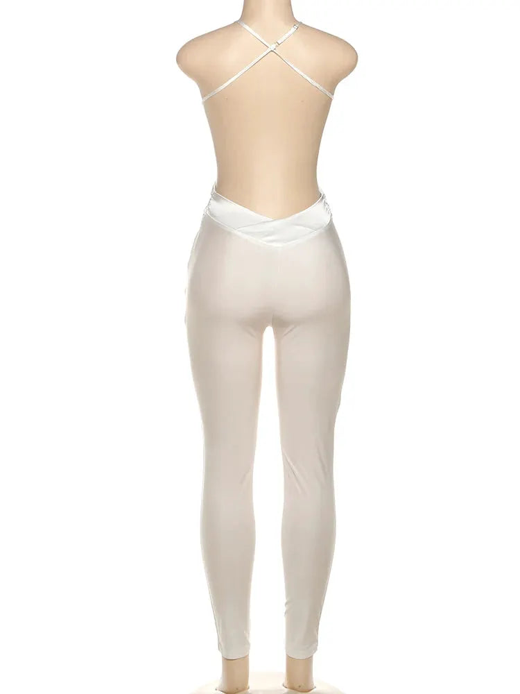 Kliou cross-pleated backless white silky jumpsuit with crisscross back straps