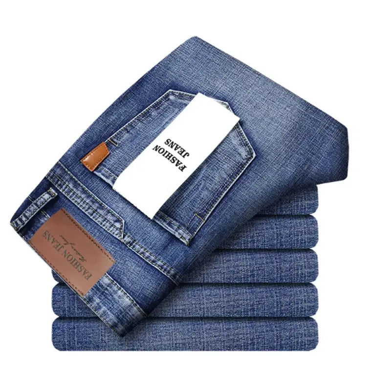 Men's blue denim jeans, set of 5, with leather patches and white tags