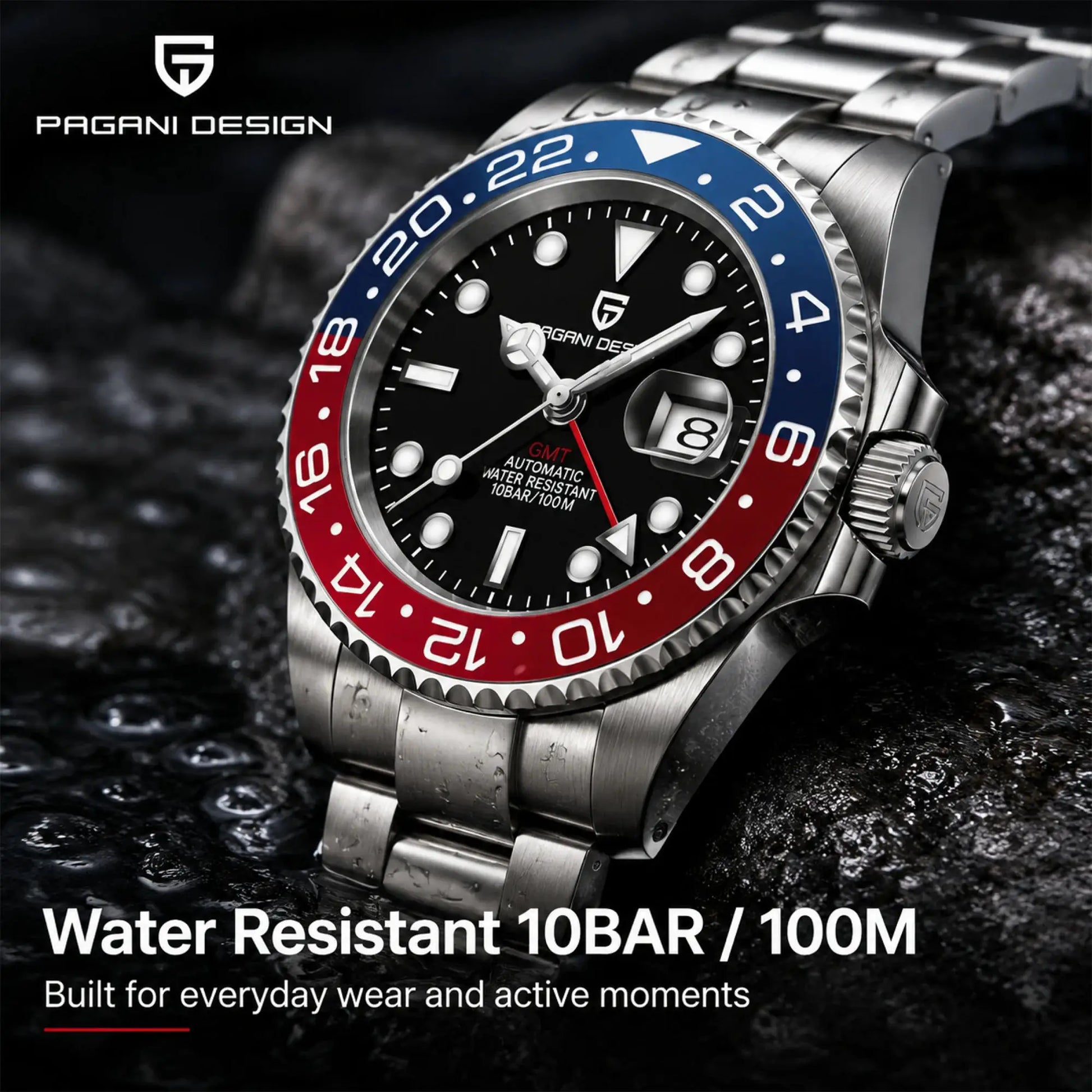 Pagani Design men's GMT watch, stainless steel case/bracelet, blue/red bezel, sapphire glass