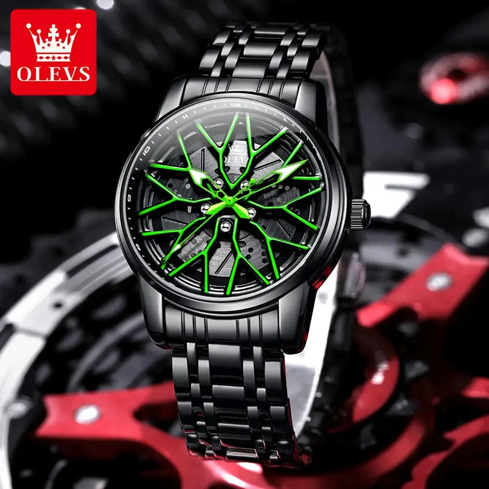 OLEVS men's watch with neon green skeleton dial and black stainless steel bracelet; logo visible.
