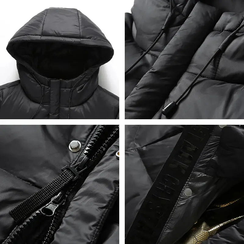 Men's black hooded down jacket with gold accents, long warm puffer coat with waterproof windproof fabric and zipper
