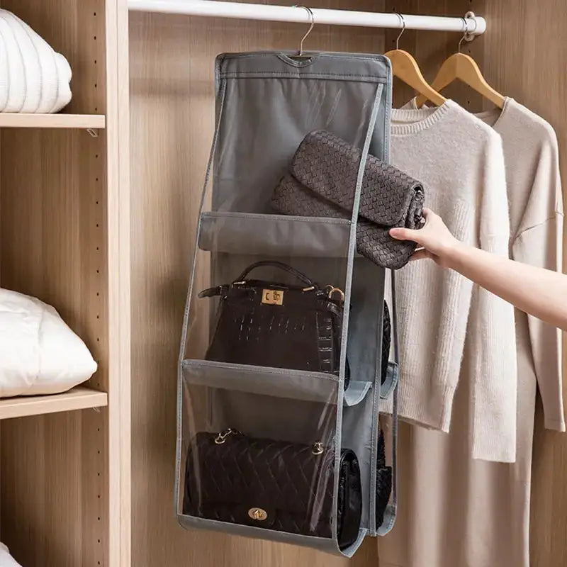 6 Pocket Hanging Handbag Organizer Gray Waterproof Storage Bag For Wardrobe Closet With Door Or Wall Mount