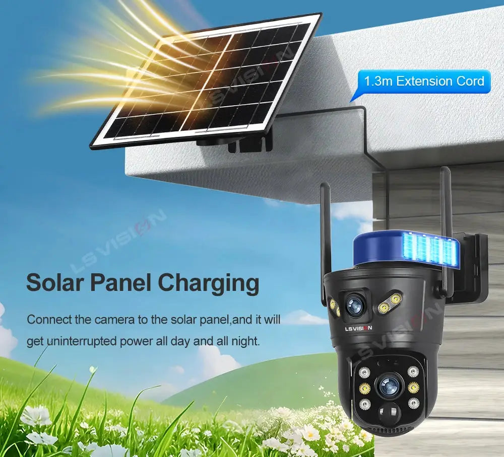 LSVISION outdoor solar security camera with solar panel charging, waterproof, dual lenses
