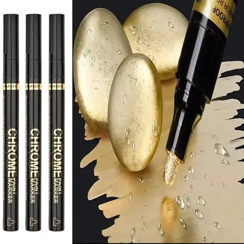 Simples Market chrome pen markers set (3 pcs), 2mm nib, metallic gold/silver, waterproof paint markers for ceramic glass