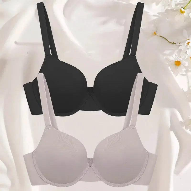 Push-up wireless deep-V bra set, 2-pack in black and beige by Simples Market, with adjustable straps