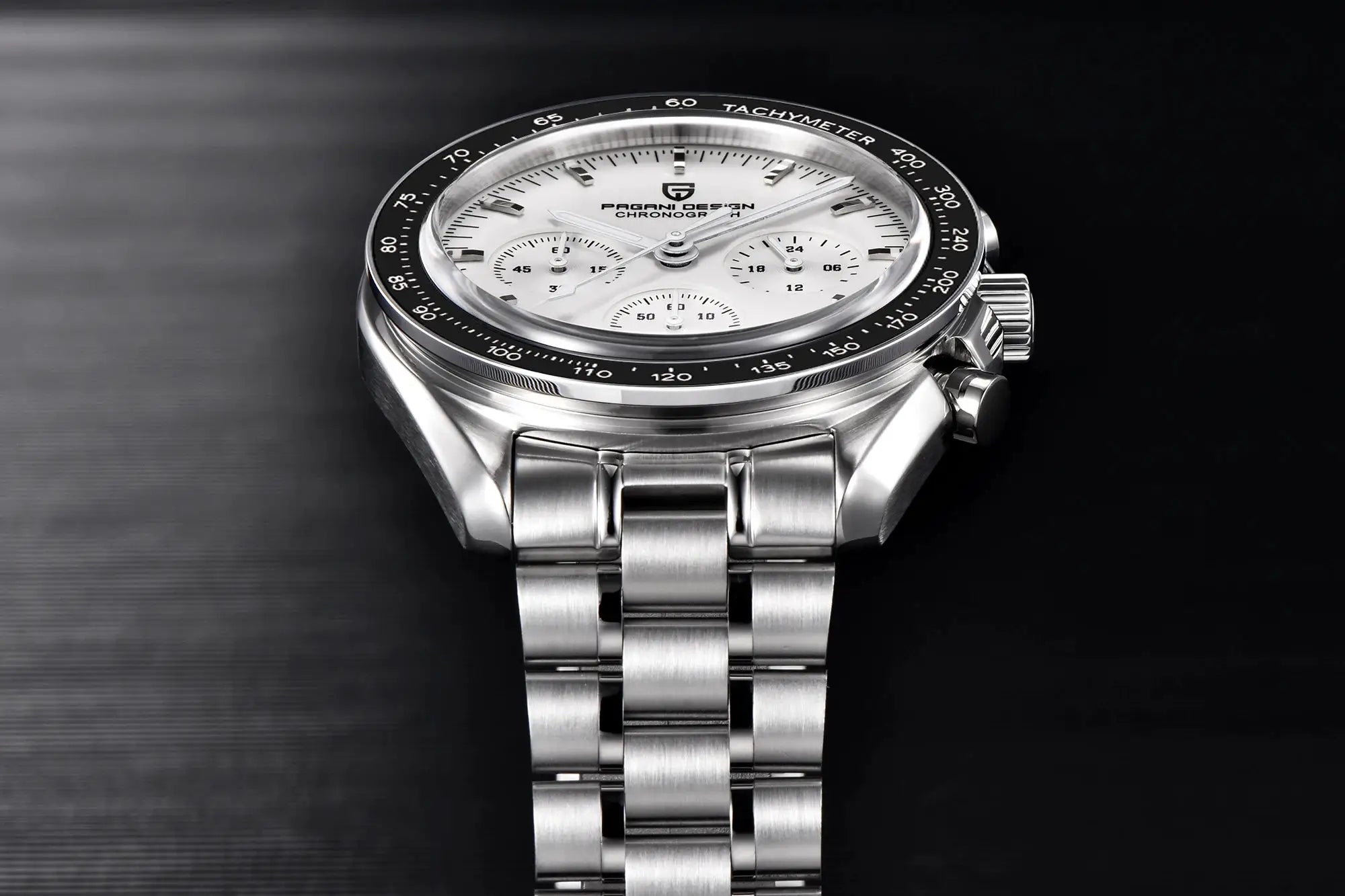 Pagani Design chronograph watch with stainless steel bracelet, white dial, and black tachymeter bezel.