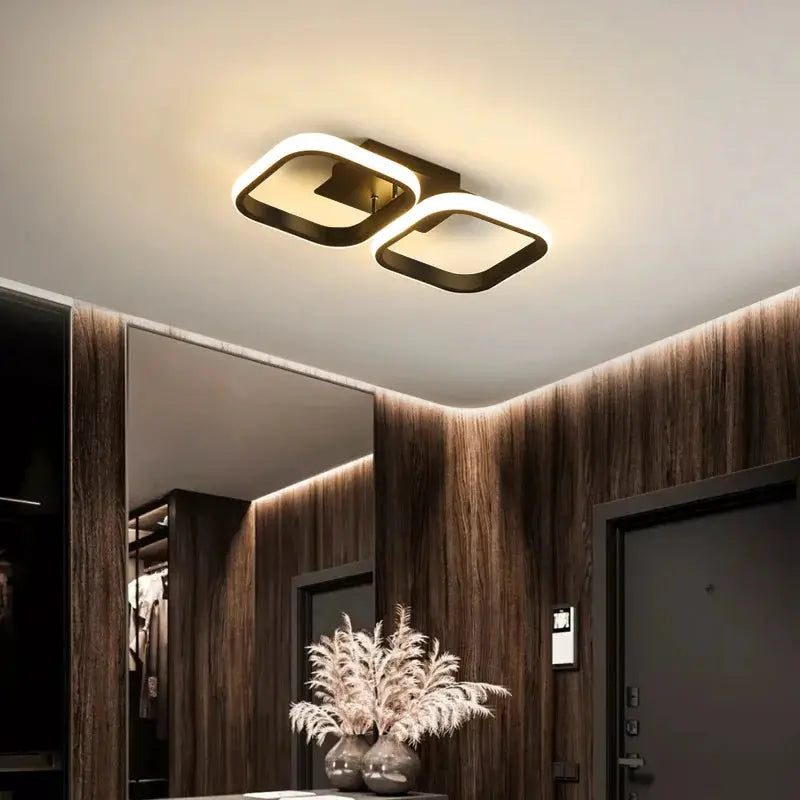 LED ceiling light modern double-square ring fixture with black frames and warm white LEDs