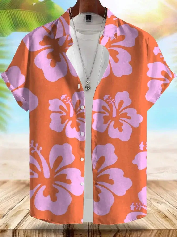 Men's Hawaiian shirt, orange with pink hibiscus print, short sleeves, button-front beachwear