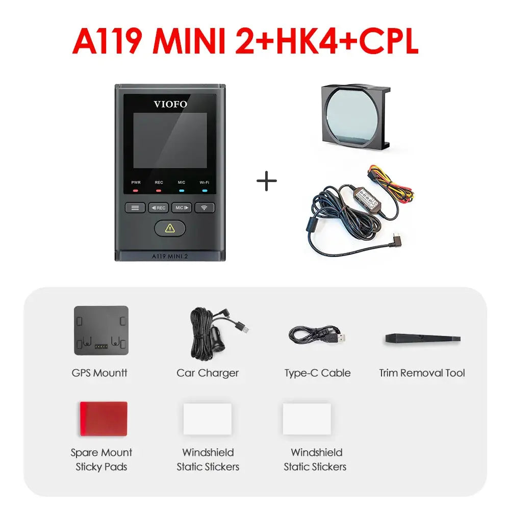 VIOFO A119MINI-2 dash cam with GPS mount kit; black device includes car charger, Type-C cable, trim tool, and two windshield stickers (Simples Market).